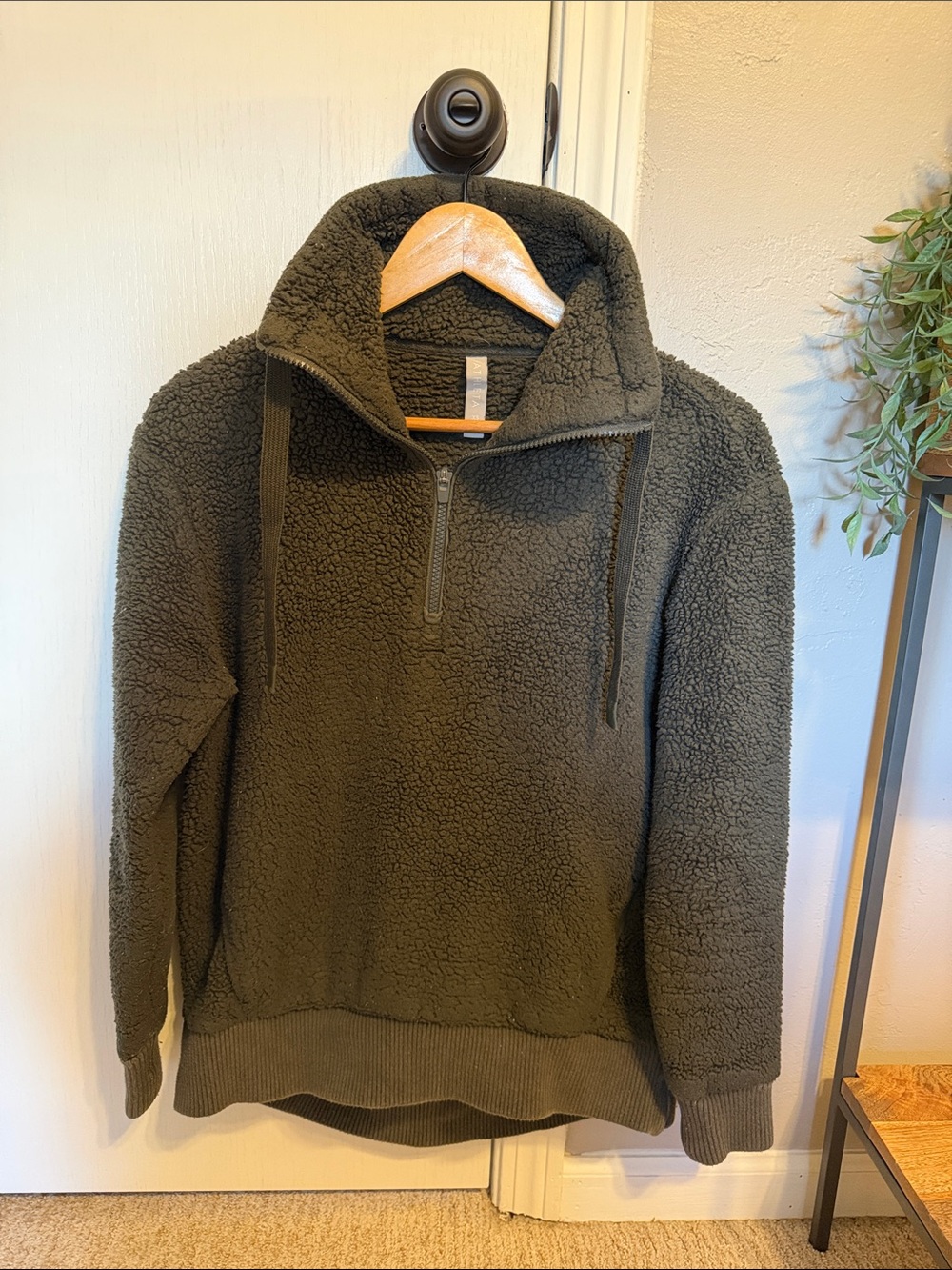 Athleta Olive Green Sherpa Quarter-Zip Pullover Sweater with Funnel Neck